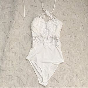 White Lace Halter Bodysuit with Cut out